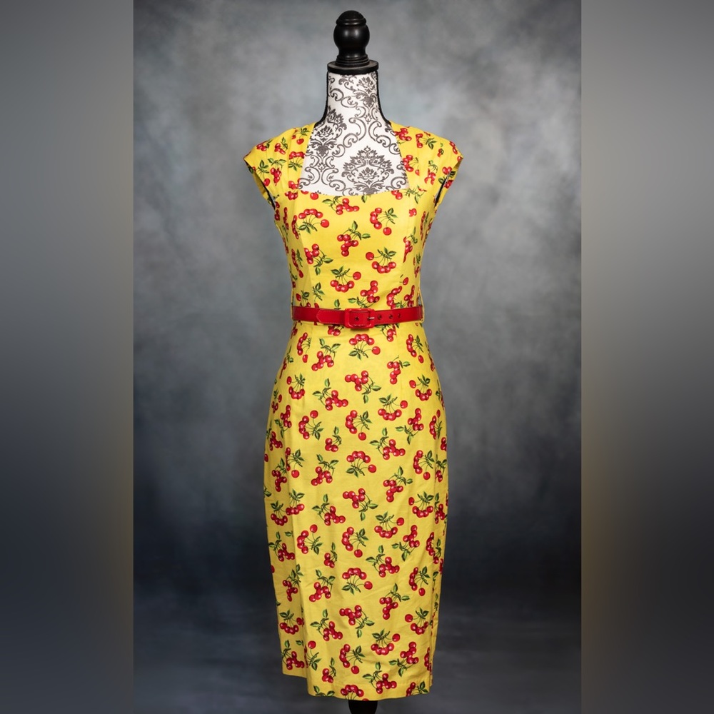Bernie Dexter “Chloe” dress, size small. Yellow with red cherries.